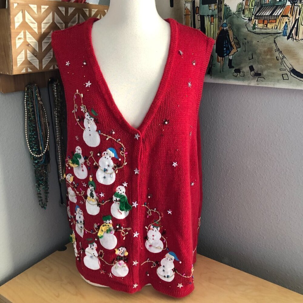 Holiday Snowman Beaded Rhinestone Applique & Embroidered Vest